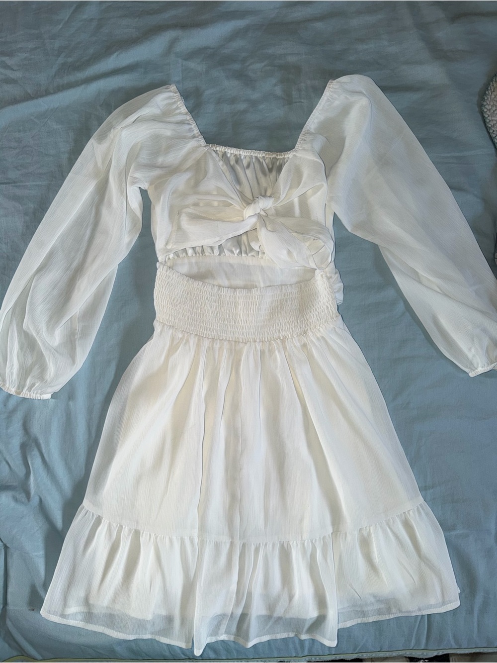 White Sheer Long-Sleeve Ruffled Mini Dress - Picture 4 of 6